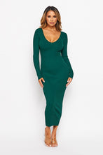 Load image into Gallery viewer, Ribbed Body Con V Neck Dress in Emerald
